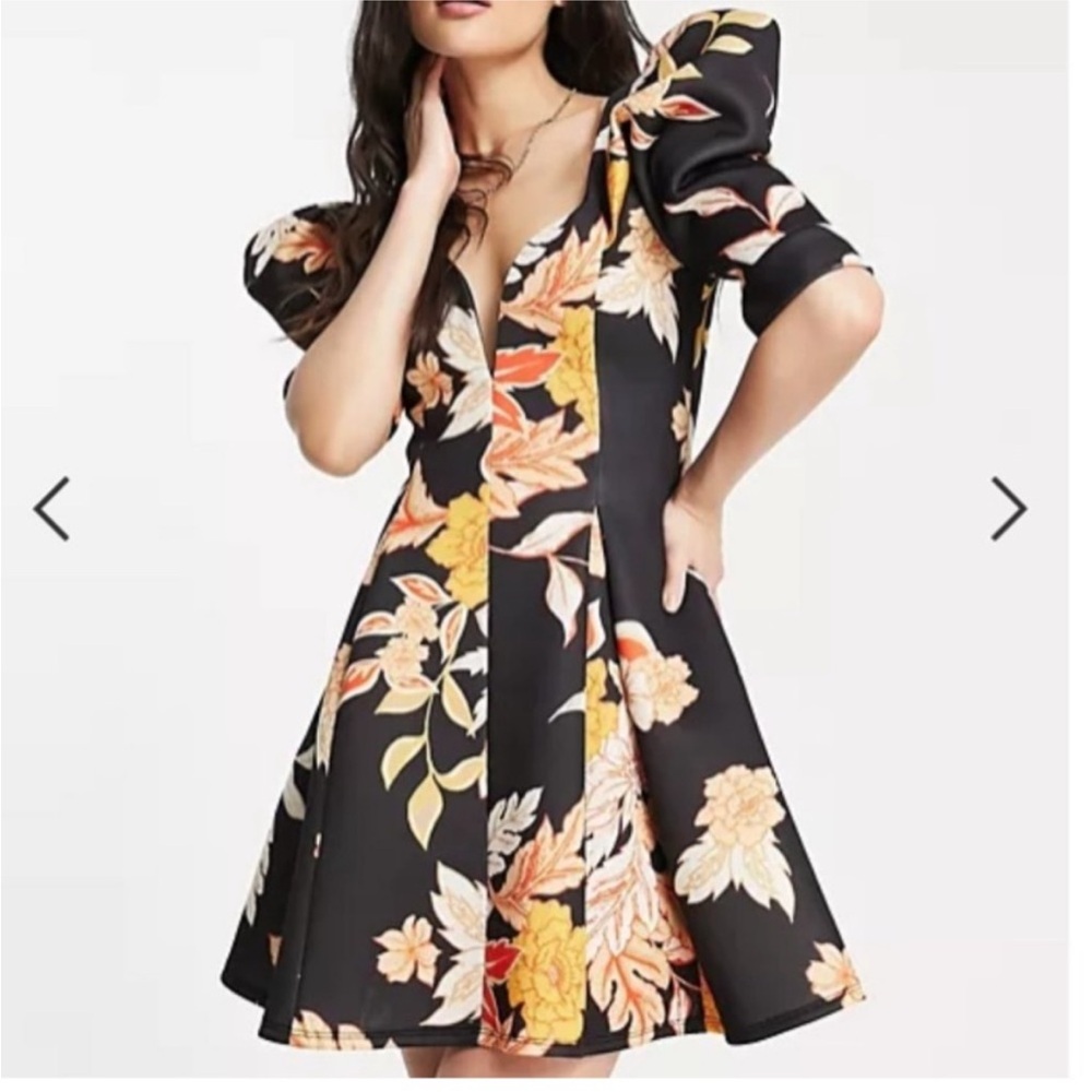 ASOS DESIGN - Black Mini Dress with Orange/Cream Flowers Size 8